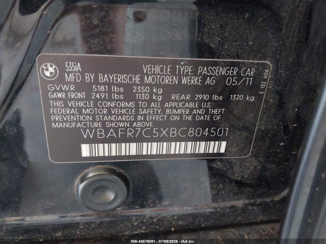 45576091 :رقم المزاد ، WBAFR7C5XBC804501 vin ، 2011 Bmw 535i مزاد بيع