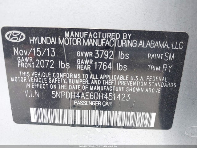 Продаж на аукціоні авто 2013 Hyundai Elantra Limited, vin: 5NPDH4AE6DH451423, номер лоту: 45576092