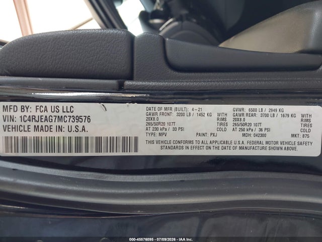 45576095 :رقم المزاد ، 1C4RJEAG7MC739576 vin ، 2021 Jeep Grand Cherokee Freedom 4x2 مزاد بيع