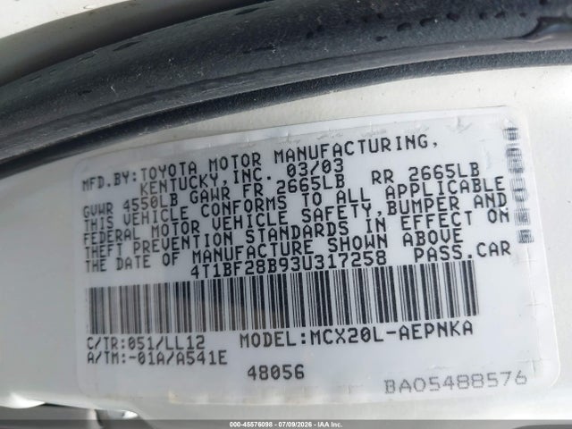 45576098 :رقم المزاد ، 4T1BF28B93U317258 vin ، 2003 Toyota Avalon Xl مزاد بيع