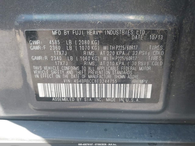2014 Subaru Outback 2.5i Premium მანქანა იყიდება აუქციონზე, vin: 4S4BRBCC8E3244755, აუქციონის ნომერი: 45576107