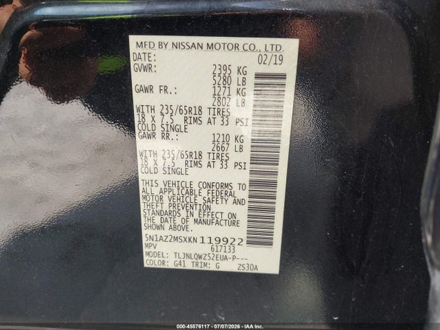 Aukcja sprzedaży 2019 Nissan Murano Sv, vin: 5N1AZ2MSXKN119922, numer aukcji: 45576117