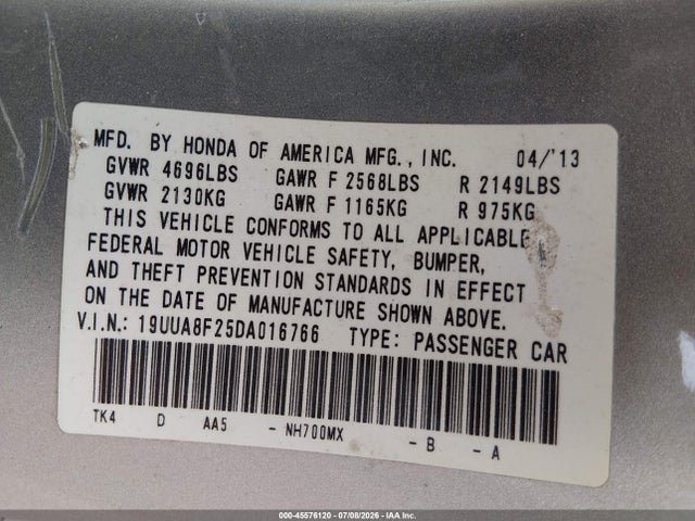 45576120 :رقم المزاد ، 19UUA8F25DA016766 vin ، 2013 Acura Tl 3.5 مزاد بيع