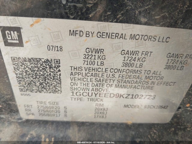 2019 Chevrolet Silverado 1500 Rst მანქანა იყიდება აუქციონზე, vin: 1GCUYEED9KZ102723, აუქციონის ნომერი: 45576124
