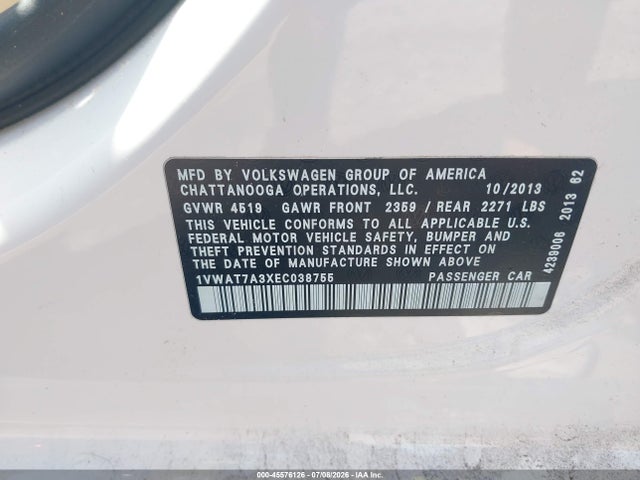 Продажа на аукционе авто 2014 Volkswagen Passat 1.8t Wolfsburg Edition, vin: 1VWAT7A3XEC038755, номер лота: 45576126