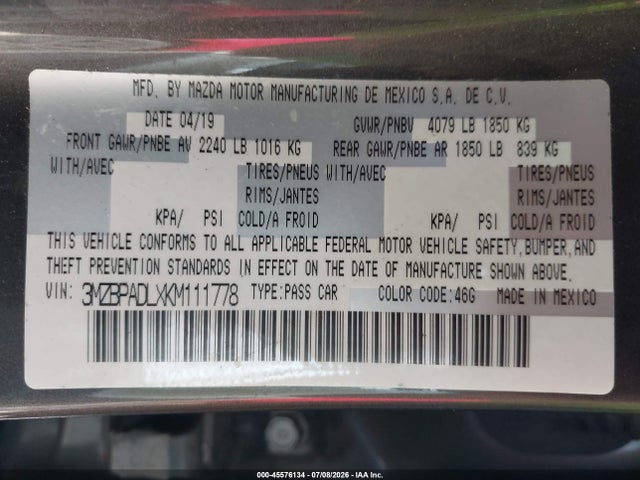 Продажа на аукционе авто 2019 Mazda Mazda3 Preferred Package, vin: 3MZBPADLXKM111778, номер лота: 45576134