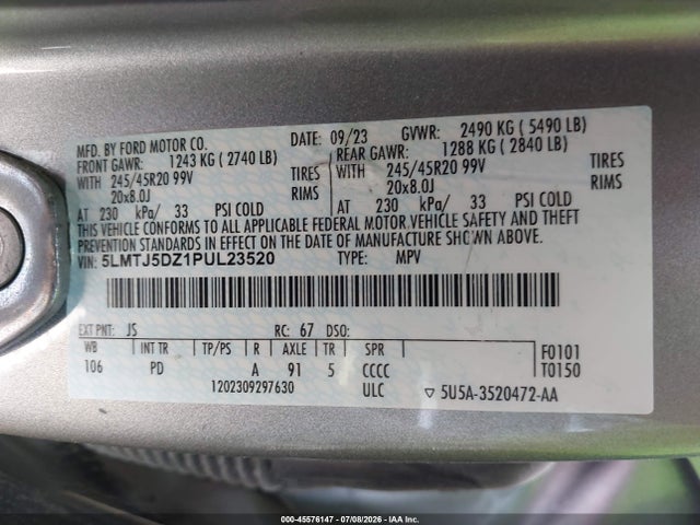 45576147 :رقم المزاد ، 5LMTJ5DZ1PUL23520 vin ، 2023 Lincoln Corsair Grand Touring مزاد بيع