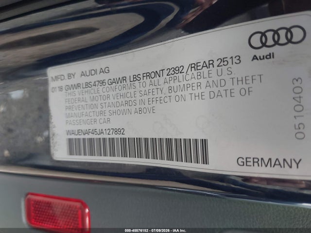 Aukcja sprzedaży 2018 Audi A4 2.0t Premium/2.0t Tech Premium, vin: WAUENAF45JA127892, numer aukcji: 45576152