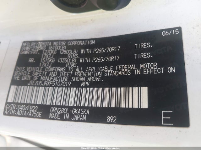 Toyota 4RUNNER SR5 2015 JTEZU5JRXF5107019 Image 9
