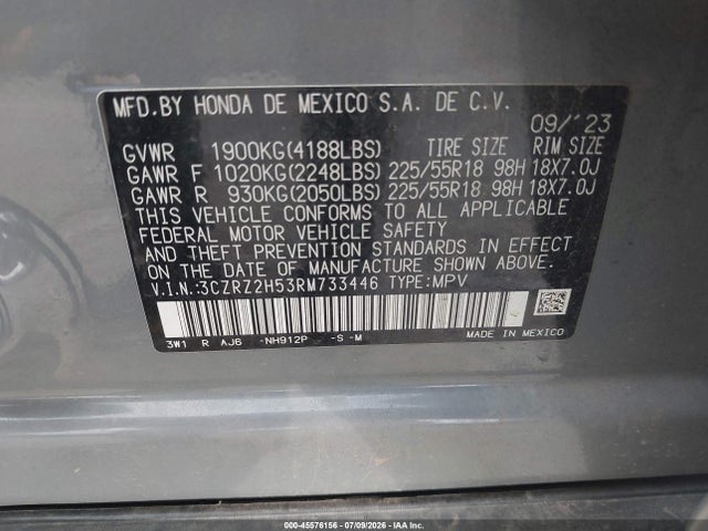 3CZRZ2H53RM733446 Honda Hr-v Awd Sport/awd Sport W/o Bsi