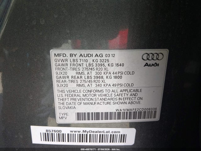 Продаж на аукціоні авто 2012 Audi Q7 3.0 Tdi Premium, vin: WA1VMAFE2CD008336, номер лоту: 45576171