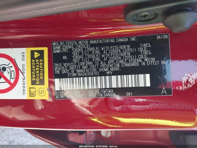 45576186 :رقم المزاد ، 2T2BK1BA2AC008103 vin ، 2010 Lexus Rx 350 مزاد بيع