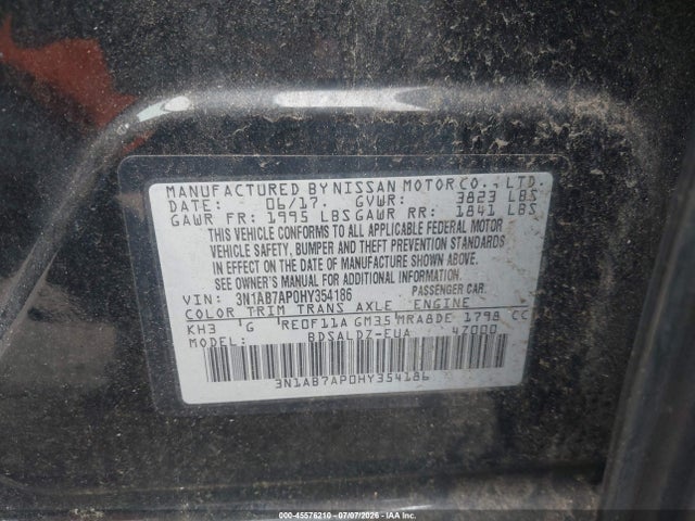 45576210 :رقم المزاد ، 3N1AB7AP0HY354186 vin ، 2017 Nissan Sentra Sv مزاد بيع