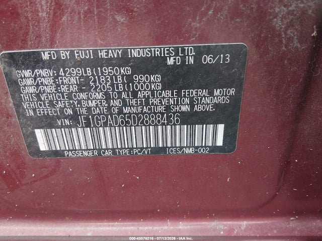 2013 Subaru Impreza 2.0i Premium მანქანა იყიდება აუქციონზე, vin: JF1GPAD65D2888436, აუქციონის ნომერი: 45576216