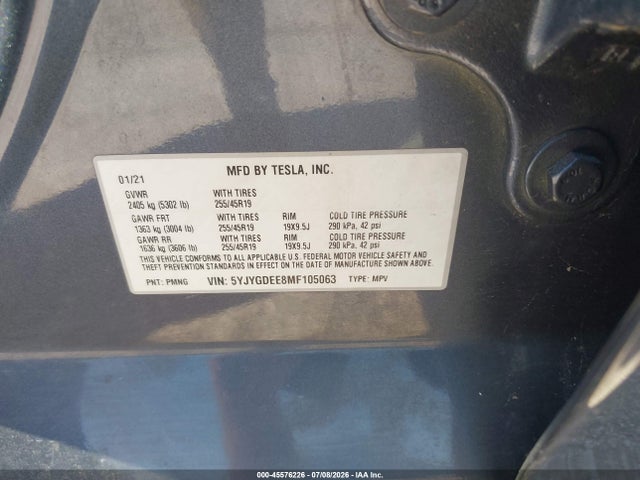45576226 :رقم المزاد ، 5YJYGDEE8MF105063 vin ، 2021 Tesla Model Y Long Range Dual Motor All-wheel Drive مزاد بيع