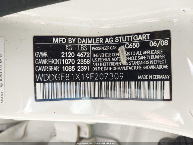 45576247 :رقم المزاد ، WDDGF81X19F207309 vin ، 2009 Mercedes-benz C 300 Luxury 4matic/sport 4matic مزاد بيع