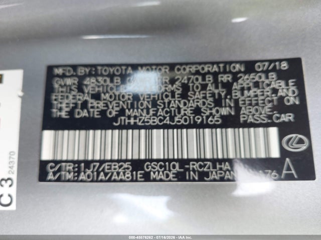 45576262 :رقم المزاد ، JTHHZ5BC4J5019165 vin ، 2018 Lexus Rc 350 مزاد بيع