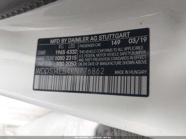 Продаж на аукціоні авто 2019 Mercedes-benz Cla 250, vin: WDDSJ4EB4KN776862, номер лоту: 45576285