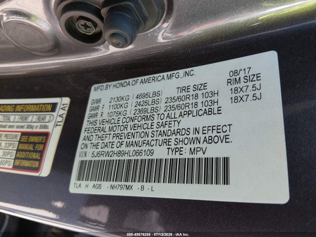 Aukcja sprzedaży 2017 Honda Cr-v Ex-l/ex-l Navi, vin: 5J6RW2H89HL066109, numer aukcji: 45576288