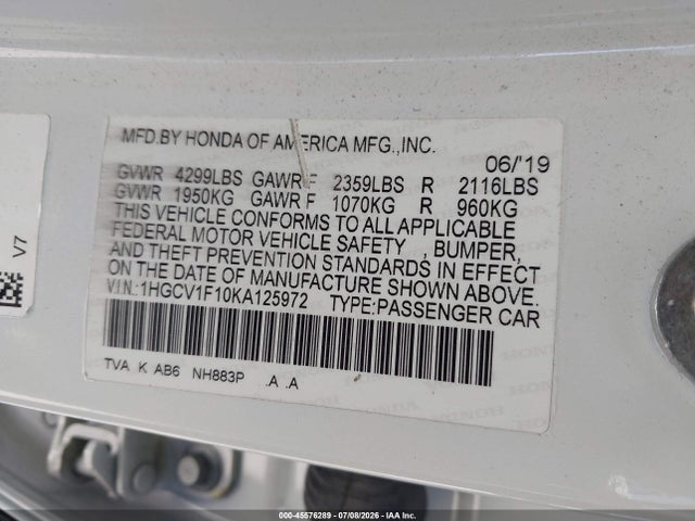 1HGCV1F10KA125972 Honda ACCORD LX