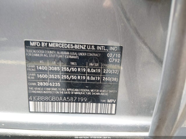 2010 Mercedes-benz Ml 350 4matic მანქანა იყიდება აუქციონზე, vin: 4JGBB8GB0AA587199, აუქციონის ნომერი: 45576294