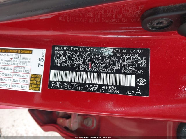 Aukcja sprzedaży 2007 Toyota Prius, vin: JTDKB20U673260333, numer aukcji: 45576298