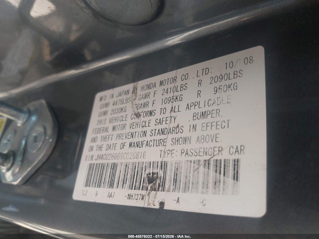 45576322 :رقم المزاد ، JH4CU26669C026816 vin ، 2009 Acura Tsx مزاد بيع