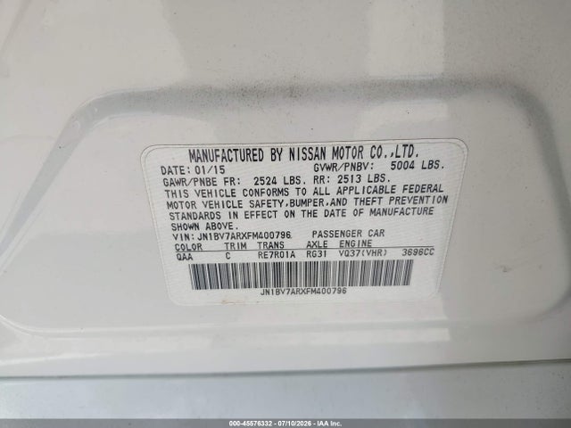 45576332 :رقم المزاد ، JN1BV7ARXFM400796 vin ، 2015 Infiniti Q50 Premium مزاد بيع