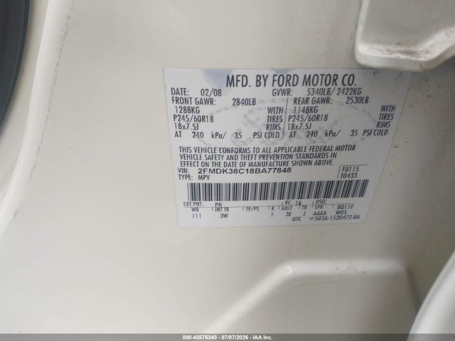 Aukcja sprzedaży 2008 Ford Edge Sel, vin: 2FMDK38C18BA77848, numer aukcji: 45576340