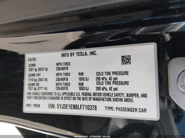 Продажа на аукционе авто 2020 Tesla Model 3 Long Range Dual Motor All-wheel Drive, vin: 5YJ3E1EB8LF710378, номер лота: 45576347