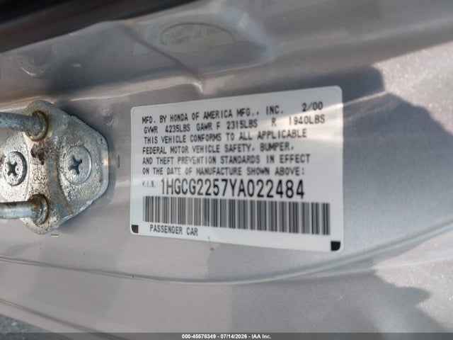 2000 Honda Accord 3.0 Ex მანქანა იყიდება აუქციონზე, vin: 1HGCG2257YA022484, აუქციონის ნომერი: 45576349
