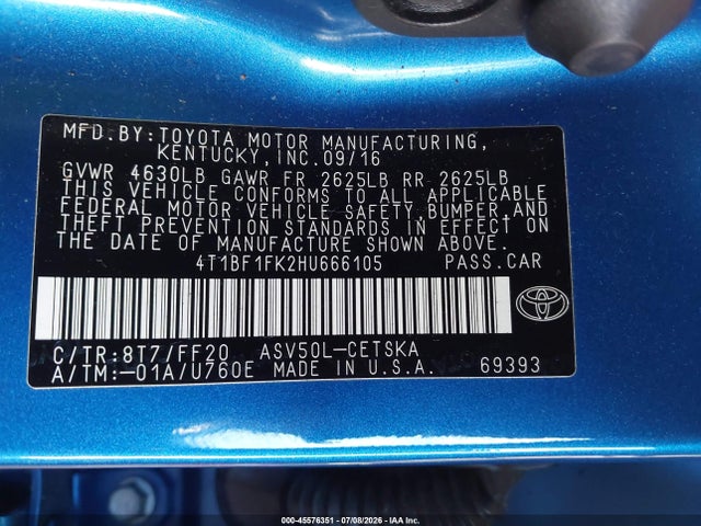 Aukcja sprzedaży 2017 Toyota Camry Se, vin: 4T1BF1FK2HU666105, numer aukcji: 45576351