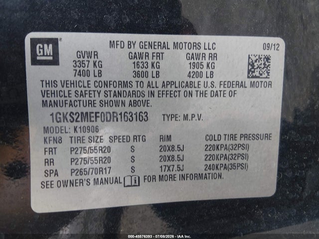 45576393 :رقم المزاد ، 1GKS2MEF0DR163163 vin ، 2013 Gmc Yukon Xl 1500 Denali مزاد بيع