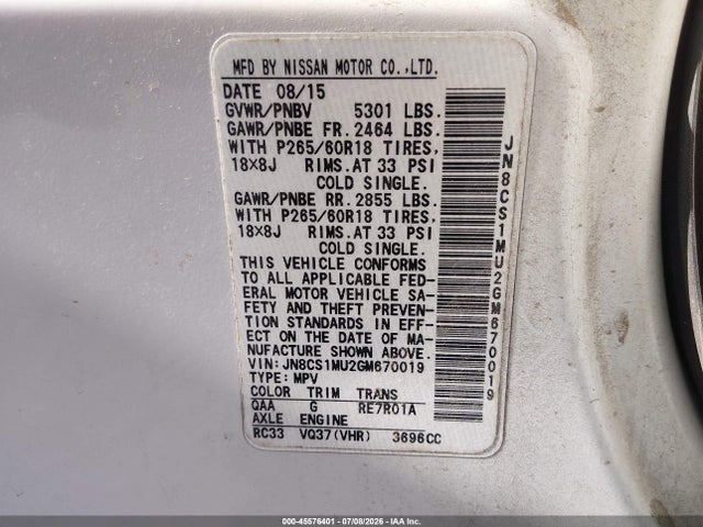 45576401 :رقم المزاد ، JN8CS1MU2GM670019 vin ، 2016 Infiniti Qx70 مزاد بيع