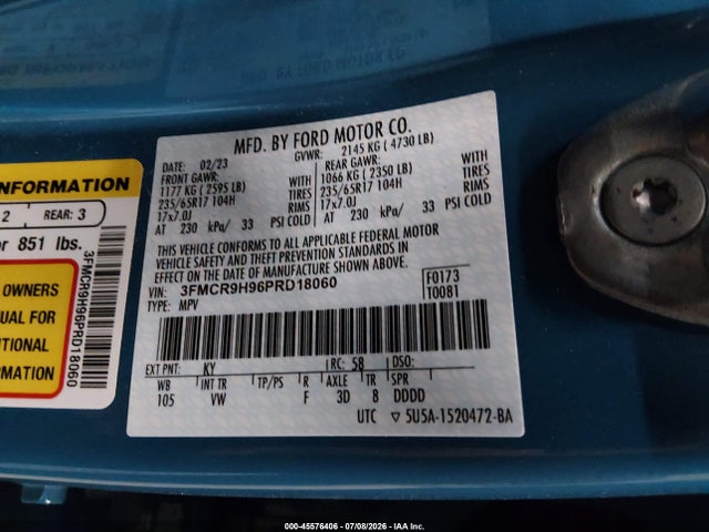 Продаж на аукціоні авто 2023 Ford Bronco Sport Heritage Limited, vin: 3FMCR9H96PRD18060, номер лоту: 45576406