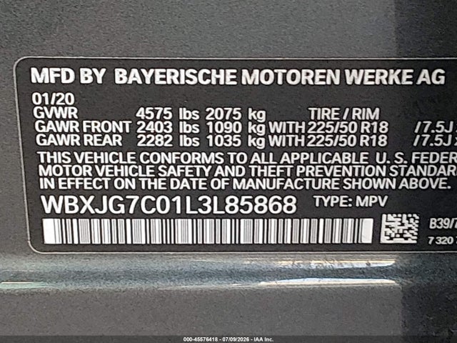 Aukcja sprzedaży 2020 Bmw X1 Sdrive28i, vin: WBXJG7C01L3L85868, numer aukcji: 45576418