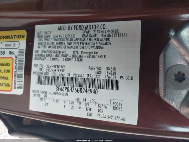 Ford FUSION SE 2016 3FA6P0H76GR244940 Image 9