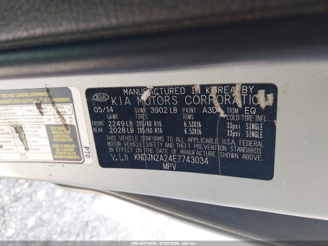 2014 Kia Soul მანქანა იყიდება აუქციონზე, vin: KNDJN2A24E7743034, აუქციონის ნომერი: 45576426