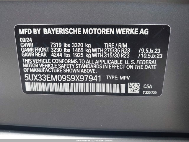 2025 Bmw X7 M60i მანქანა იყიდება აუქციონზე, vin: 5UX33EM09S9X97941, აუქციონის ნომერი: 45576436
