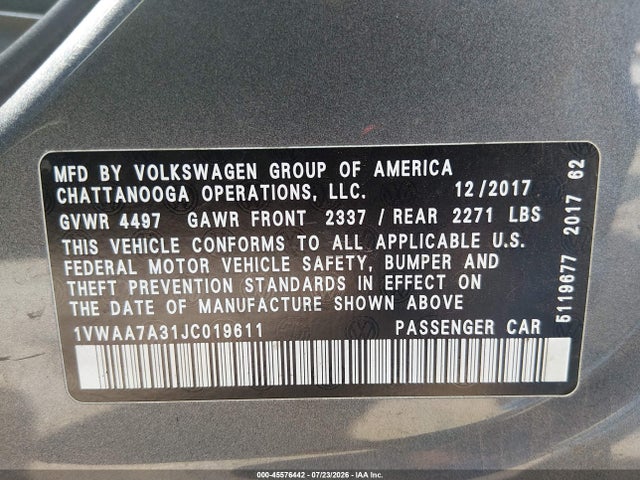 2018 Volkswagen Passat 2.0t R-line/2.0t S მანქანა იყიდება აუქციონზე, vin: 1VWAA7A31JC019611, აუქციონის ნომერი: 45576442
