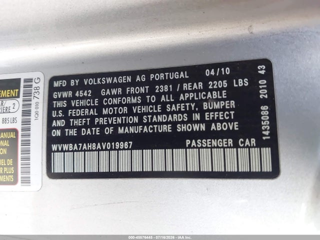 2010 Volkswagen Eos Komfort მანქანა იყიდება აუქციონზე, vin: WVWBA7AH8AV019967, აუქციონის ნომერი: 45576445