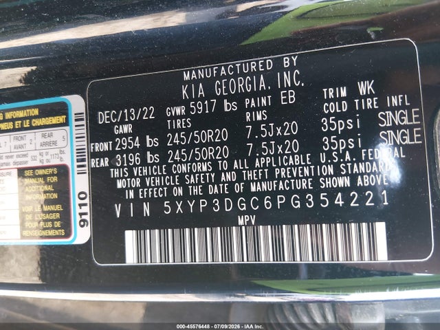 45576448 :رقم المزاد ، 5XYP3DGC6PG354221 vin ، 2023 Kia Telluride Ex مزاد بيع