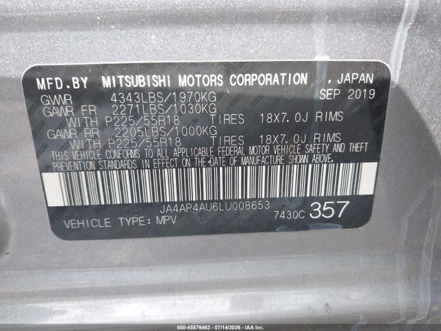45576462 :رقم المزاد ، JA4AP4AU6LU008653 vin ، 2020 Mitsubishi Outlander Sport 2.0 Se مزاد بيع