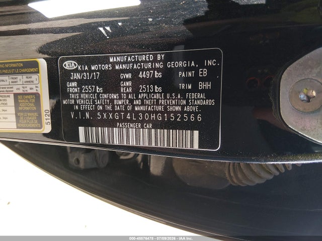 Aukcja sprzedaży 2017 Kia Optima Lx, vin: 5XXGT4L30HG152566, numer aukcji: 45576478