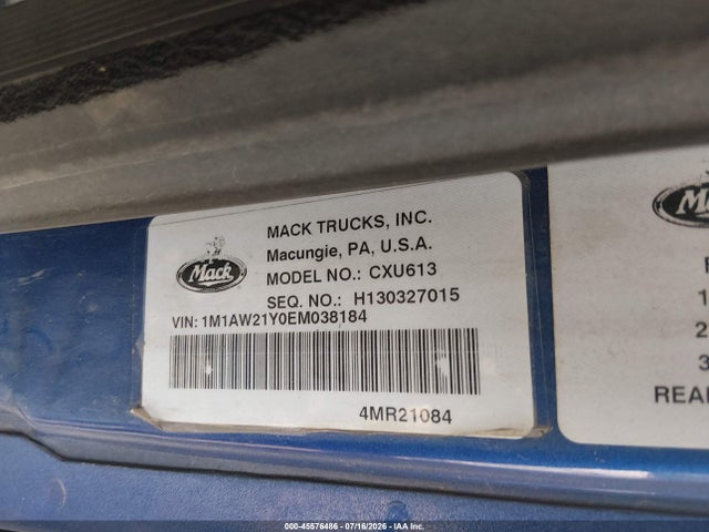 45576486 :رقم المزاد ، 1M1AW21Y0EM038184 vin ، 2014 Mack 600 Cxu600 مزاد بيع