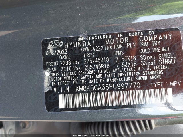 45576487 :رقم المزاد ، KM8K5CA38PU997770 vin ، 2023 Hyundai Kona Limited مزاد بيع
