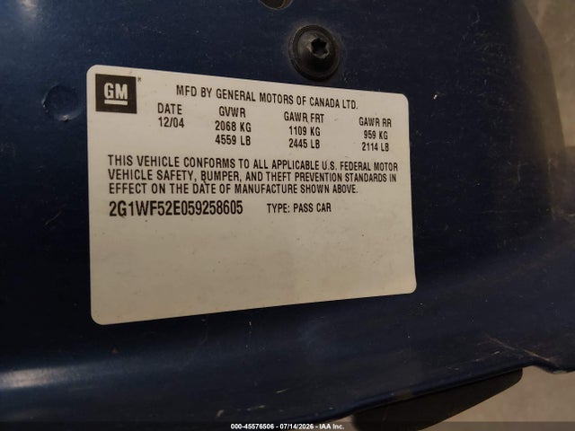 Auction sale of the 2005 Chevrolet Impala, vin: 2G1WF52E059258605, lot number: 45576506