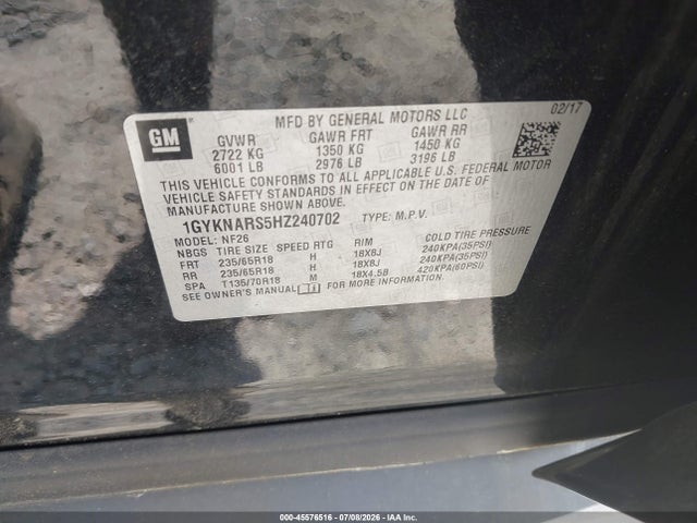45576516 :رقم المزاد ، 1GYKNARS5HZ240702 vin ، 2017 Cadillac Xt5 Standard مزاد بيع