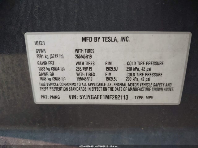 Продажа на аукционе авто 2021 Tesla Model Y Long Range Dual Motor All-wheel Drive, vin: 5YJYGAEE1MF292113, номер лота: 45576521