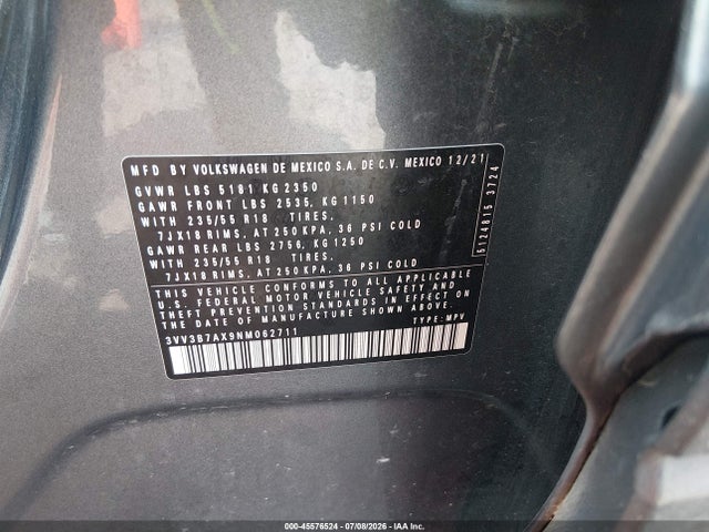Продаж на аукціоні авто 2022 Volkswagen Tiguan 2.0t Se, vin: 3VV3B7AX9NM062711, номер лоту: 45576524